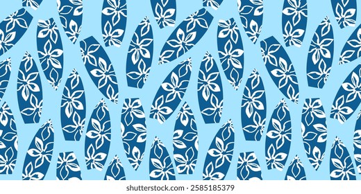 Seamless pattern with surfboards and flowers. Hand drawn minimal ocean background. Surface cover design. Fabric textile print.