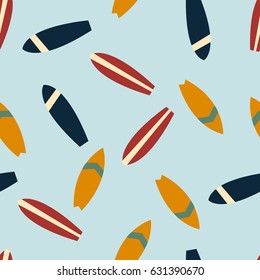 Seamless pattern with surfboards on blue background. Vector illustration.