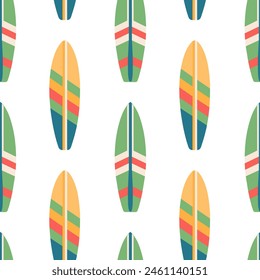 Seamless pattern of surfboards. Summer surfboards in colorful pattern design on white background. Vector