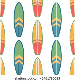 Seamless pattern of surfboards. Summer surfboards in a colorful pattern on a white background. Vector