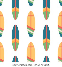 Seamless pattern of surfboards. Summer surfboards in a colorful pattern on a white background. Vector