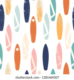 Seamless pattern with surfboards. Summer trendy print. Vector hand drawn illustration.