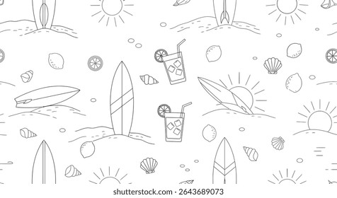 Padrão sem costura com pranchas de surf, sol, limonada, limões e conchas marinhas. Tema da praia em estilo de contorno.