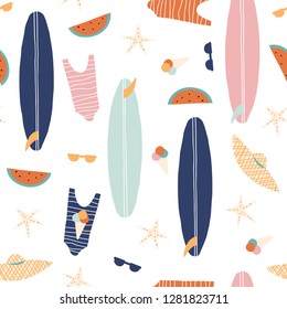 Seamless pattern with surfboards and swimsuits. Summer fashion print. Vector hand drawn illustration.