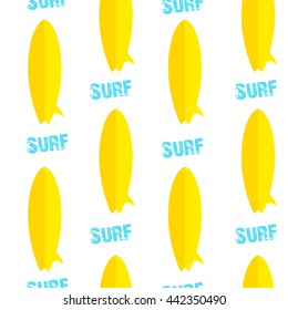 Seamless pattern with surfboards and text. Flat style. Vector