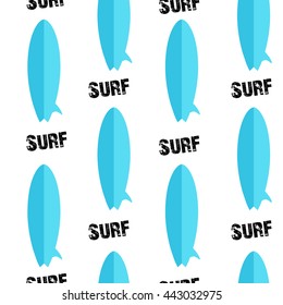 Seamless pattern with surfboards and text. Flat style. Vector