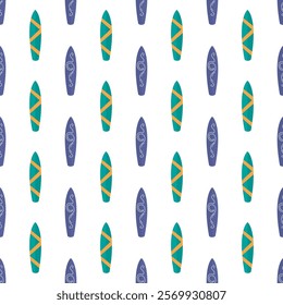 Seamless pattern with surfboards. Texture banner with colorful surf boards. Wallpaper template. Summer trendy print. flat vector illustration