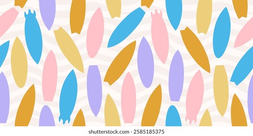 Seamless pattern with surfboards and waves. Flat summer ocean background. Surface cover design. Fabric textile print.