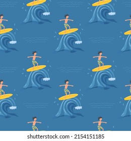 Seamless pattern with a surfer boy riding a wave. Active summer sports, entertainment. Sea, ocean wave. For summer clothes, towels, beach accessories. Vector illustration on a dark blue background.