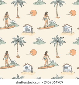 Seamless pattern with surfer girl, palm trees and beach house. Hand drawn illustration.	
