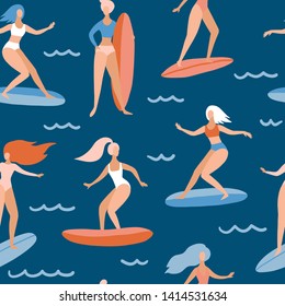 Seamless pattern with Surfer girls on boards catching waves. Cute cartoon flat people in vector. Beach summer travel lifestyle texture. Sport fitness sea activity concept. Young woman characters