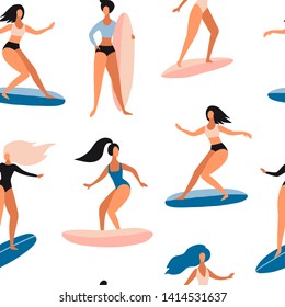 Seamless pattern with Surfer girls on boards catching waves. Cute cartoon flat people in vector. Beach summer travel lifestyle texture. Sport fitness sea activity concept. Young woman characters