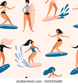 Seamless pattern with Surfer girls on boards catching waves. Cute cartoon flat people in vector. Beach summer travel lifestyle texture. Sport fitness sea activity concept. Young woman characters