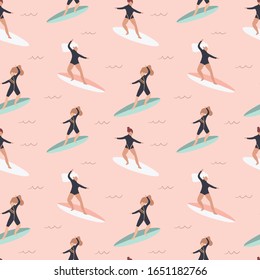 Seamless pattern with surfer Girls On Board. Flat style illustration. Summer beach surfing .