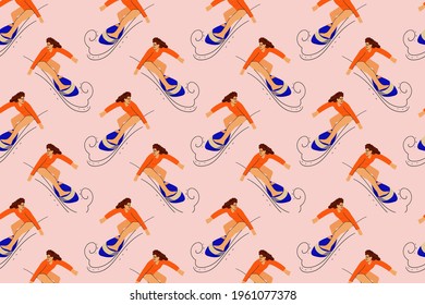 Seamless pattern with Surfer girls on boards catching waves. Cute flat people in vector. Beach summer travel lifestyle texture. Sport fitness sea activity concept. Young woman characters. vector