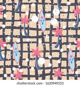Seamless pattern with surfing board and palms on sand. Vector Illustration