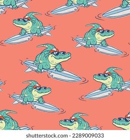 Seamless pattern of a surfing crocodile background elements. 