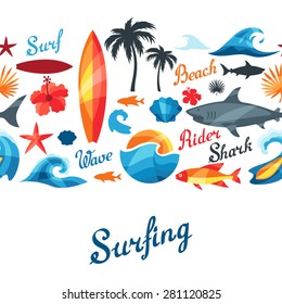 Seamless pattern with surfing design elements and objects.