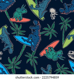 Seamless pattern of a surfing dinosaur with palm tree and dinosaur skull
