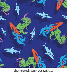 Seamless pattern of a surfing dinosaur with shark background elements.