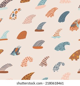 Seamless pattern with surfing fins. Hawaiian summer background. Design for textile, wallpaper, wrapping, backdrop. Vector illustration. 