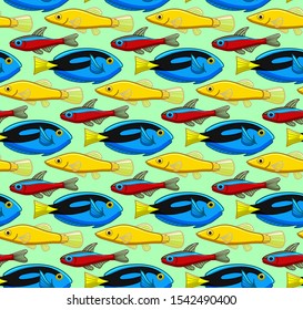 Seamless pattern with Surgeonfishes, Bloodfin tetra and Chinese Algae Eater fishes