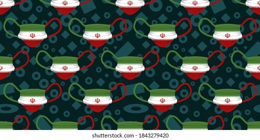 Seamless pattern of surgical mask with Iran flag on memphis element background. Vector illustration eps10.
