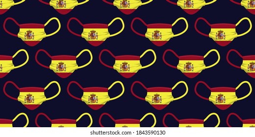 Patrón sin foco de máscara quirúrgica con bandera española sobre fondo azul oscuro. Ilustración vectorial eps10.

