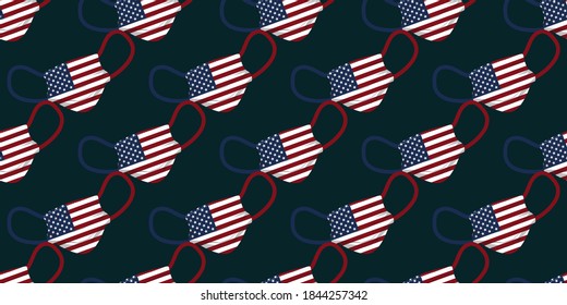 Seamless pattern of surgical mask with United States flag on dark blue background. Vector illustration eps10.
