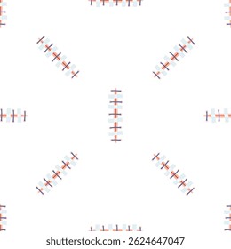 Seamless pattern of surgical stitches with blue thread and light blue bandages repeating on a white background