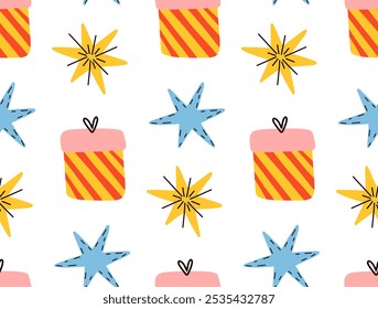 Seamless pattern. Surprise box and stars. New Year and Christmas objects.
