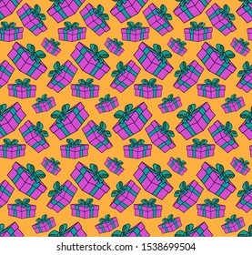 Seamless Pattern Surprise Gift Box Cartoon with Ribbon - EPS Vector Illustration