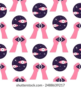 Seamless pattern with surreal elements. Handdrawn vector design with floating eyes and eyes in hands.