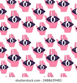 Seamless pattern with surreal elements. Handdrawn vector design with eyes in hands.