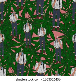 A seamless pattern of a surreal hipster character with a water pipe bong for a head, wearing suspenders and boots. Colored vector background with green marijuana leaves on pink.