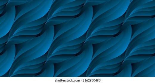 Seamless pattern with surreal intertwining waves, threads. Blue abstract background, dark backdrop. Vector illustration.
