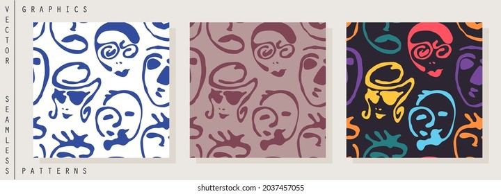 Seamless pattern. Surreal portraits of people. Abstract contemporary minimalistic style. Vector template