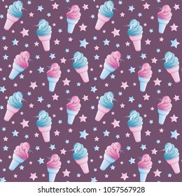 Seamless pattern with surreal unicorn which emerge from ice cream cone. Can be used for t-shirt print, fashion print design, kids wear, baby shower, greeting and postcard. Vector illustration, EPS 10.