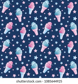 Seamless pattern with surreal unicorn which emerge from ice cream cone. Can be used for t-shirt print, fashion print design, kids wear, baby shower, greeting and postcard. Vector illustration, EPS 10.