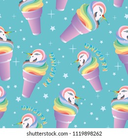 Seamless pattern with surreal unicorn which emerge from ice cream cone. Can be used for t-shirt print, fashion print design, kids wear, baby shower, greeting and postcard. Vector illustration, EPS 10.