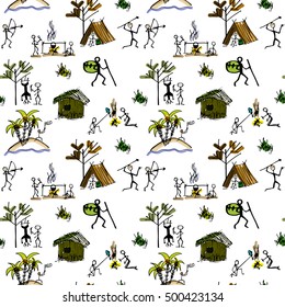 Seamless pattern of survival. People surviving in the wild. Doodle handmade.