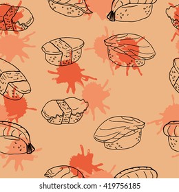 Seamless pattern with sushi and abstract color backdrops. Sketch drawn by ink. Hand drawn vector illustration.