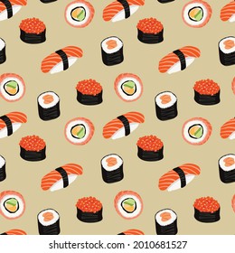 seamless pattern of sushi bar, rolls, sushi and nigiri. Japanese restaurant national food, cartoon style on beige background	
