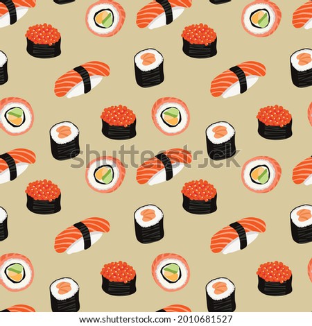 seamless pattern of sushi bar, rolls, sushi and nigiri. Japanese restaurant national food, cartoon style on beige background	
