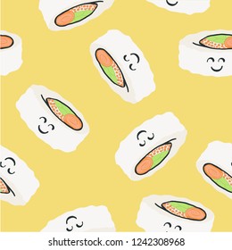 Seamless pattern sushi characters with cute faces. Happy sushi characters. Sushi roll funny set. Asian food. Funny vector illustration with colorful background. 