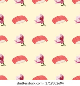 Seamless pattern with Sushi and Cherry blossom for Summer