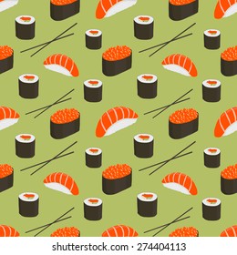 Seamless pattern with Sushi and chopsticks. Vector Illustration