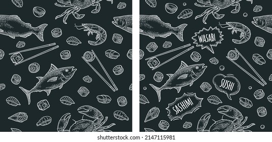 Seamless pattern sushi. Chopsticks, wasabi, nigiri, uramaki, temaki, fish, soy sauce in bowl. Isolated on white. Vintage black vector engraving
