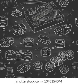 Seamless pattern with sushi collection on black background. Vintage hand drawn japan sushi.