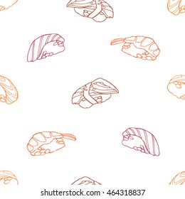 Seamless pattern with a sushi, contour version..